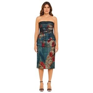 Rene Ruiz Collection Strapless Printed Tulle Overlay Midi Dress Black Multi Sz 6